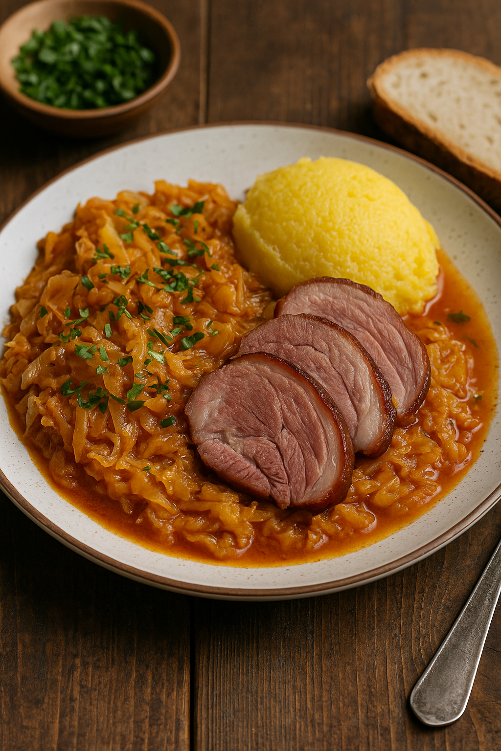 Varză călită cu ciolan afumat – sliced smoked pork hock served over braised cabbage with creamy polenta on a rustic plate.