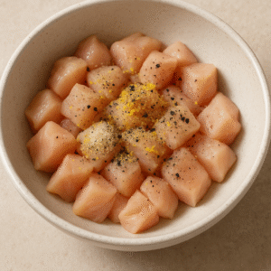 Raw diced chicken seasoned with garlic powder, lemon pepper, black pepper, and salt for lemon pepper chicken bites.
