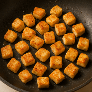 Chicken bites pan-frying until golden and crispy in a non-stick pan for lemon pepper chicken bites.
