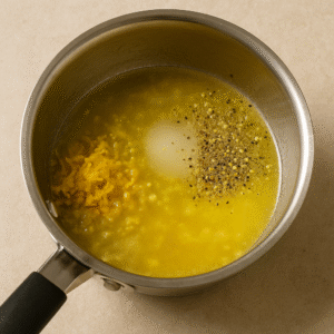 Lemon butter sauce with lemon zest, pepper, and seasoning melting in a saucepan for lemon pepper chicken bites.