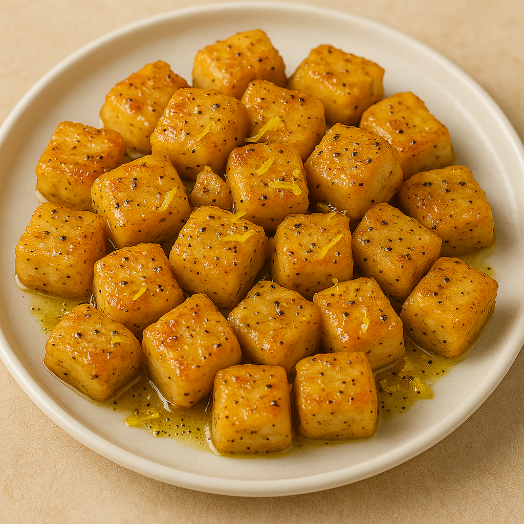 Finished lemon pepper chicken bites served on a plate, coated in lemon butter glaze and lemon zest.