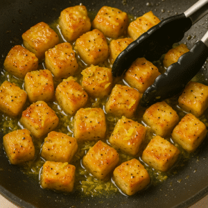 Crispy chicken bites being tossed in glossy lemon pepper butter sauce in a skillet for lemon pepper chicken bites.