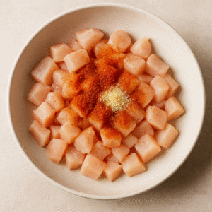 Diced chicken seasoned with paprika, garlic powder, salt, and pepper in a bowl for creamy lemon orzo with chicken.
