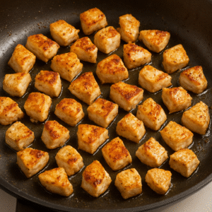 Golden pan-seared chicken bites cooking in a skillet as the base for creamy lemon orzo with chicken.