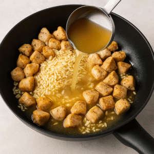 Chicken broth being poured over orzo and chicken in a skillet while preparing creamy lemon orzo with chicken.