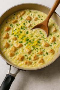 Creamy sauce with orzo, lemon zest, parsley, and chicken simmering together for creamy lemon orzo with chicken.