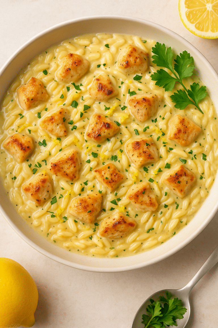 Finished creamy lemon orzo with chicken served in a bowl, topped with lemon zest and fresh parsley.