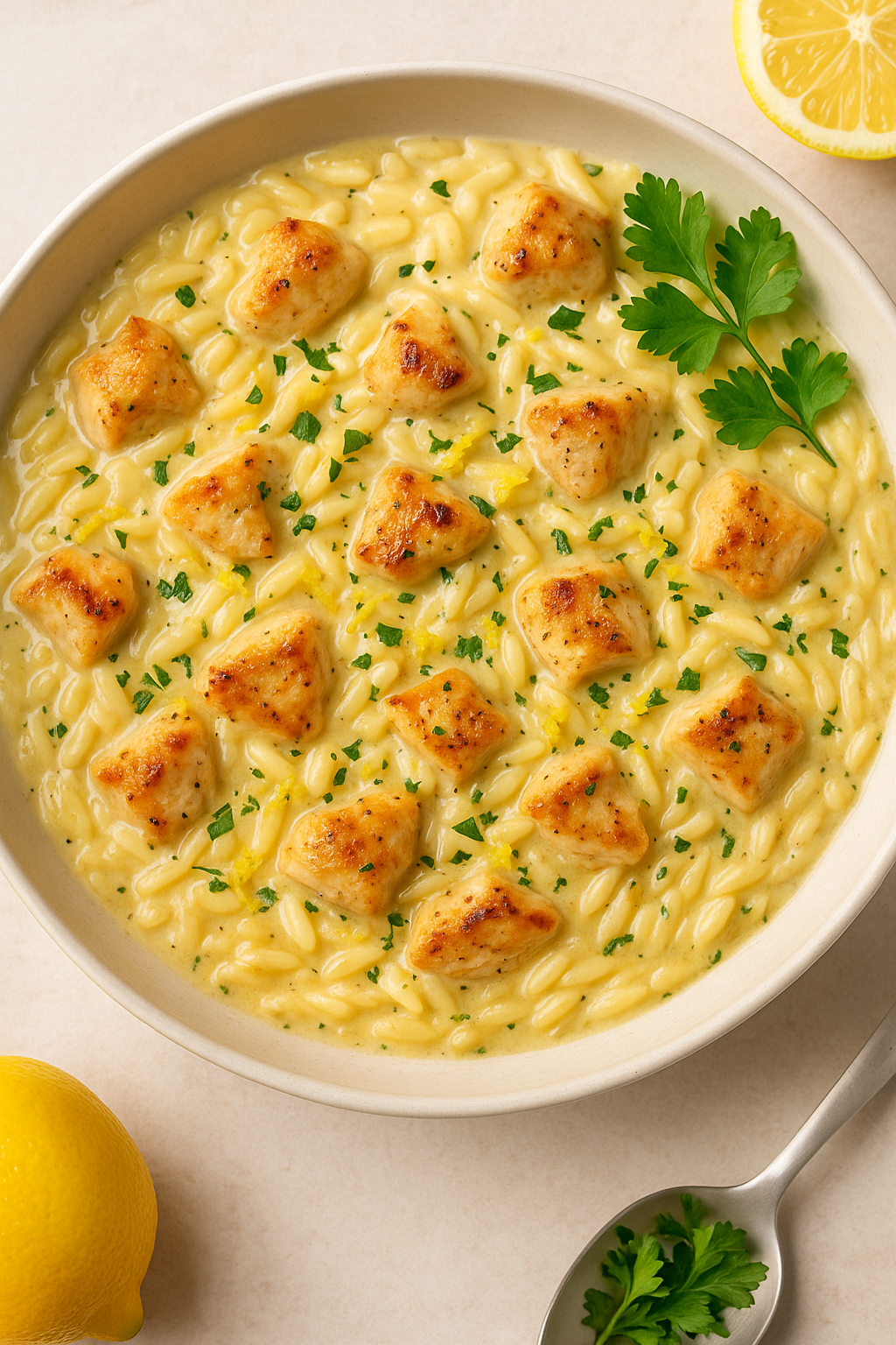 Finished creamy lemon orzo with chicken served in a bowl, topped with lemon zest and fresh parsley.