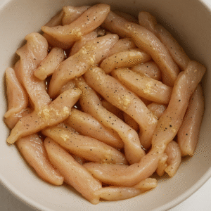 Thin chicken strips seasoned with garlic, soy sauce, salt, and pepper for spicy gochujang chicken noodles.