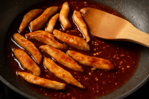Chicken strips simmering in a glossy gochujang sauce for spicy gochujang chicken noodles.