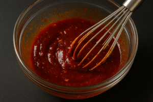 Thick gochujang sauce being whisked in a glass bowl for spicy gochujang chicken noodles.