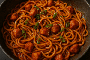 Thick noodles coated in spicy red gochujang sauce with chicken pieces, ready to finish the spicy gochujang chicken noodles recipe.