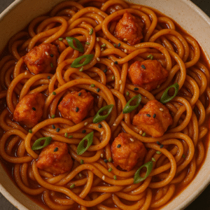 A bowl of spicy gochujang chicken noodles topped with green onions and sesame seeds.