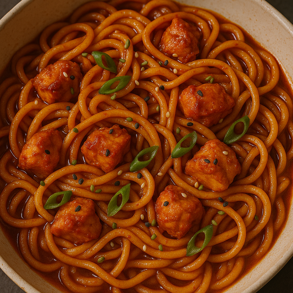 A bowl of spicy gochujang chicken noodles topped with green onions and sesame seeds.