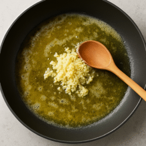 Crispy Garlic Butter Rice with Chicken – garlic sautéing in melted butter in a skillet before adding rice.