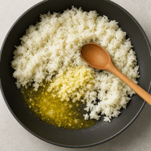 Crispy Garlic Butter Rice with Chicken – cooked white rice added to garlic butter in a frying pan for frying.