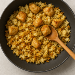 Crispy Garlic Butter Rice with Chicken – rice browning and crisping in the pan with chicken pieces.