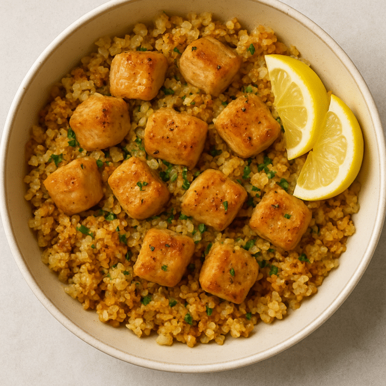 Crispy Garlic Butter Rice with Chicken served in a bowl with lemon wedges and parsley.