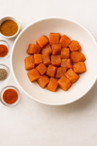 Cajun salmon bites – raw salmon cubes seasoned with Cajun spices, paprika, garlic powder, salt, and pepper in a bowl