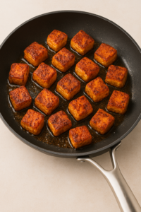 Cajun salmon bites – salmon cubes searing in a single layer in a hot skillet until golden and crispy