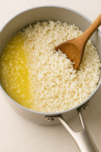 Cajun salmon bites – fluffy garlic butter rice being mixed in a pot with melted butter and garlic