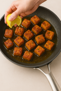 Cajun salmon bites – hand squeezing fresh lemon over crispy salmon cubes in a skillet