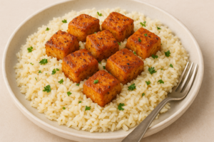 Cajun salmon bites served over garlic butter rice on a plate, garnished with parsley