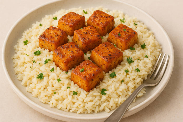Cajun salmon bites served over garlic butter rice on a plate, garnished with parsley