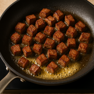 Steak cubes searing in melted butter inside a hot skillet until golden brown — Garlic Butter Steak Fried Rice step.