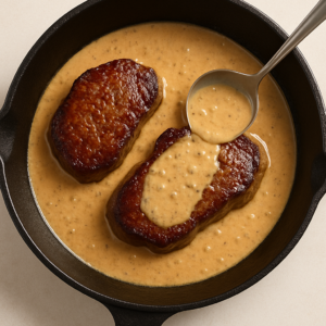Steak Diane – seared steaks simmering in a creamy pan sauce made with heavy cream