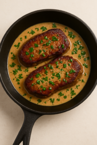 Steak Diane served in a skillet with classic creamy pan sauce and fresh parsley garnish