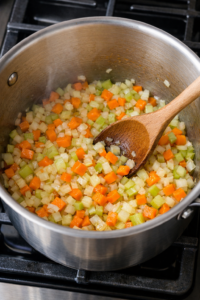 Sautéing onion, carrot, and celery in olive oil for Italian minestrone soup