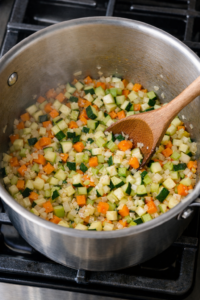 Adding garlic and zucchini to the minestrone soup vegetables