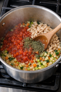 Adding diced tomatoes, cannellini beans, and herbs to Italian minestrone soup