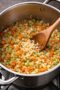 Adding garlic to sautéed vegetables for pasta e fagioli soup