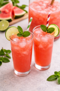 Watermelon agua fresca served cold with ice and fresh mint