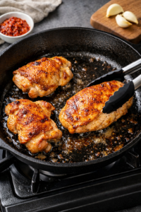 Chicken seared in a skillet until golden, preparing creamy spicy chicken ramen.
