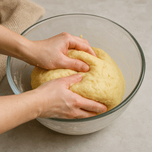 Traditional Romanian Cozonac – kneading the soft sweet dough in a large bowl