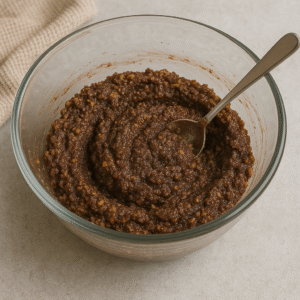 Traditional Romanian Cozonac – walnut and cocoa filling mixed in a glass bowl