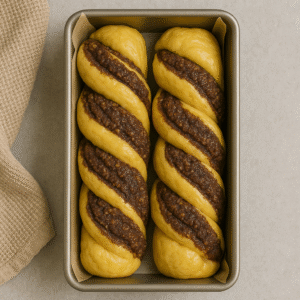 Traditional Romanian Cozonac – rolled dough filled with walnut mixture twisted into loaves