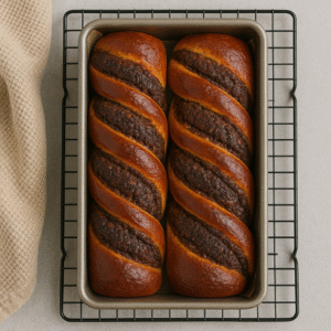 Traditional Romanian Cozonac – baked loaves cooling in the pan with glossy golden crust