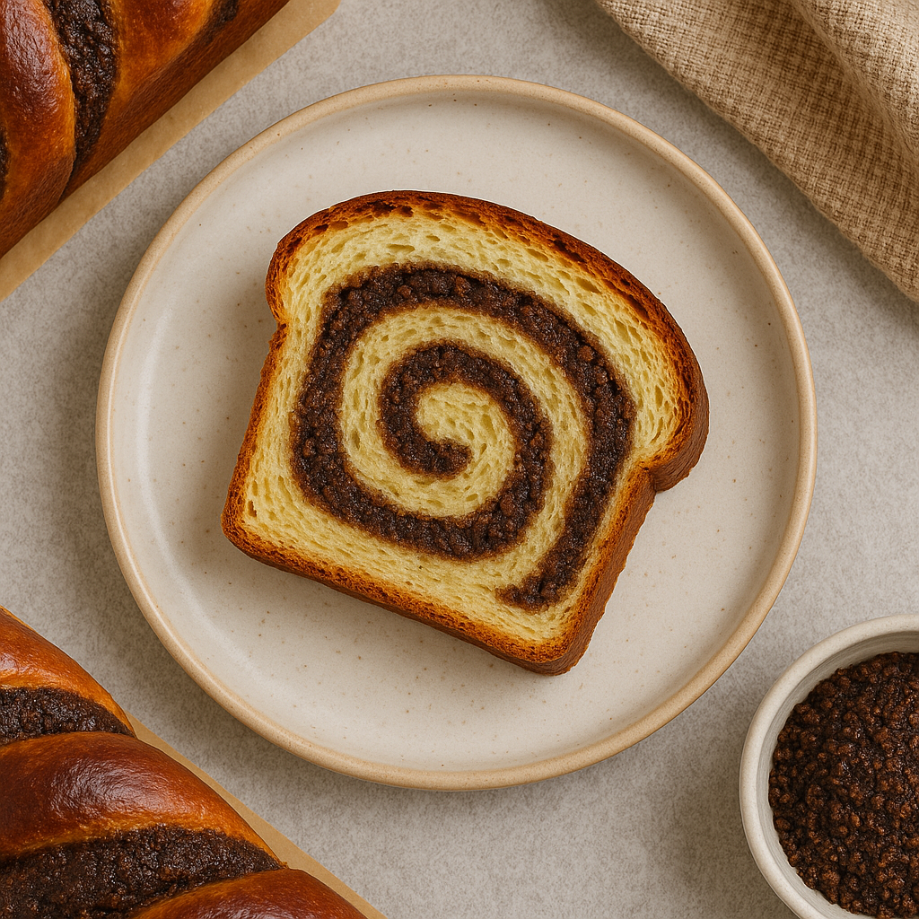 Traditional Romanian Cozonac – sliced loaf showing the classic walnut spiral pattern