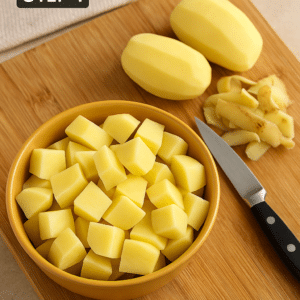 Garlic butter mashed potatoes preparation – peeled and cubed potatoes ready for cooking