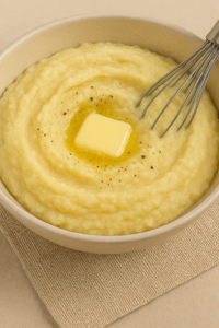 Garlic butter mashed potatoes preparation – melted butter mixing into the mashed potatoes