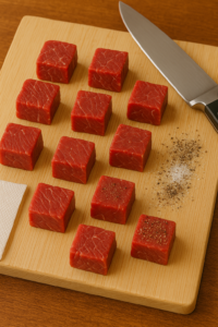 Garlic butter steak cubes – raw steak pieces seasoned with paprika, thyme, salt, and pepper on a cutting board