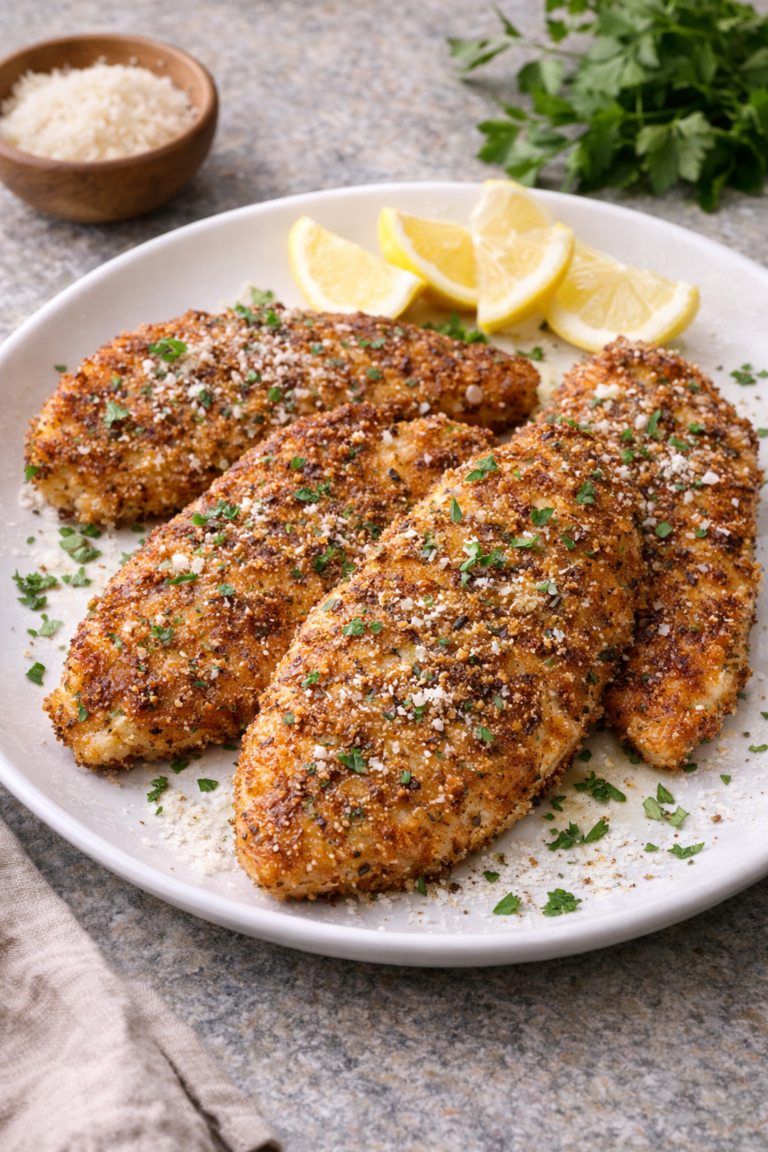Crispy Parmesan chicken cutlets served hot with lemon wedges, parsley, and extra Parmesan.