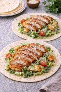 Assembling a crispy chicken caesar salad wrap with Caesar salad and sliced crispy chicken in tortillas.