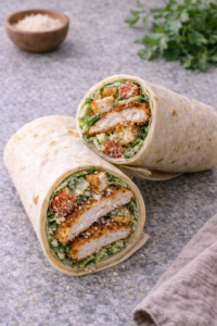 Crispy chicken caesar salad wrap sliced in half, showing crunchy chicken, romaine, and Caesar dressing.