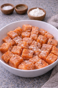 Seasoned salmon cubes with spices and cornstarch ready for honey garlic salmon bites.