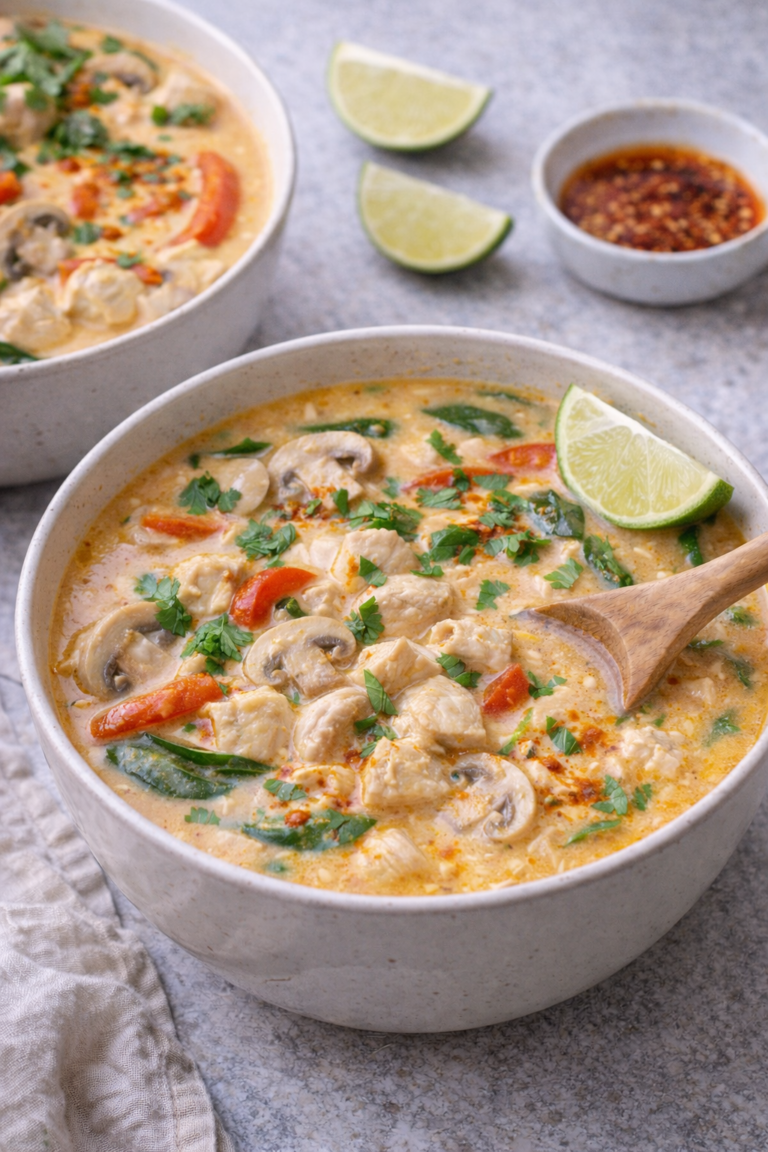 Creamy coconut chicken soup garnished with cilantro and lime.